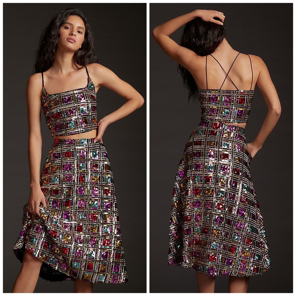Anthropologie Maeve Square Sequin Art Deco Disco Skirt Tank Set Outfit